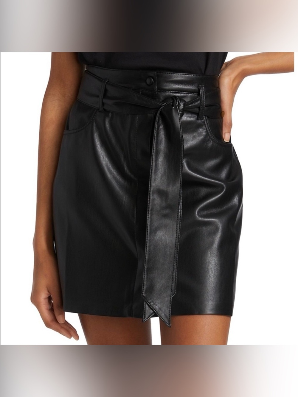 $425 Nanushka Women's Black Meda Belted Vegan-Leather Skirt XS